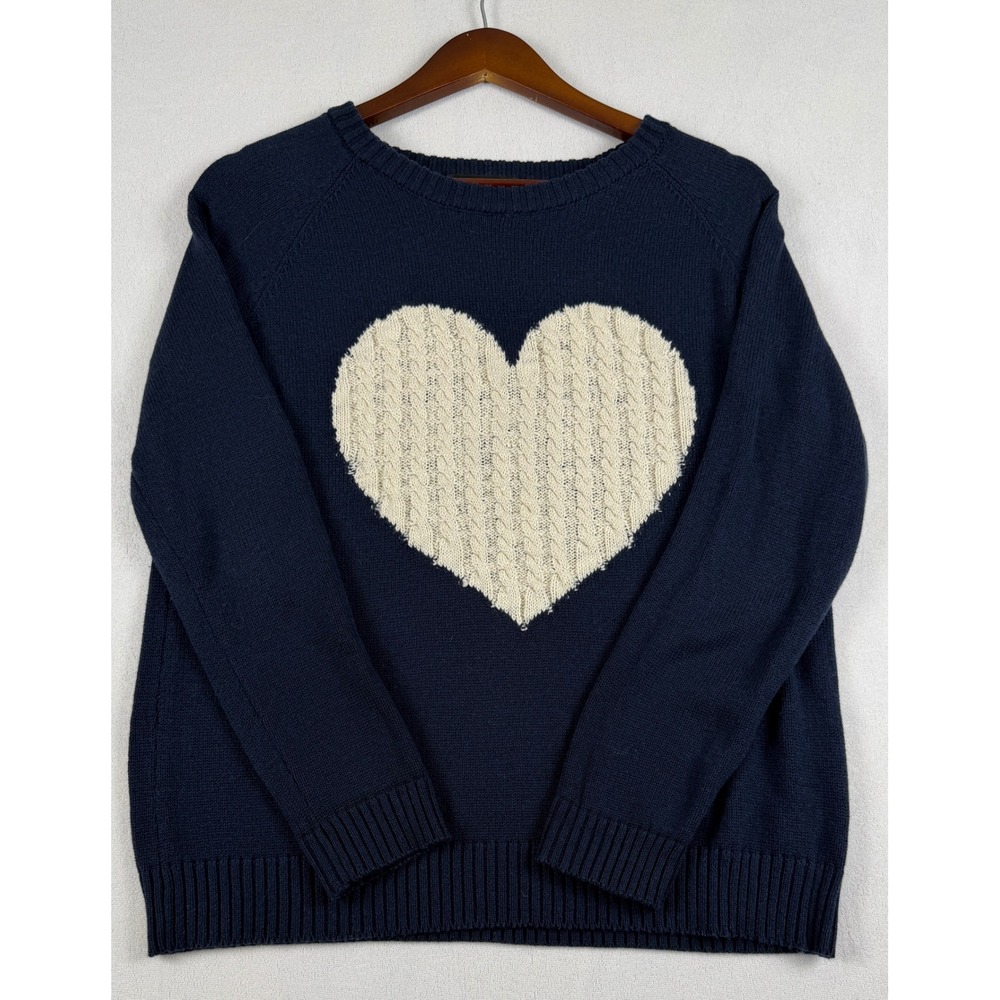 Ye Mak Navy Blue Heart Intarsia Cable Knit Crewneck Sweater Large MK3506